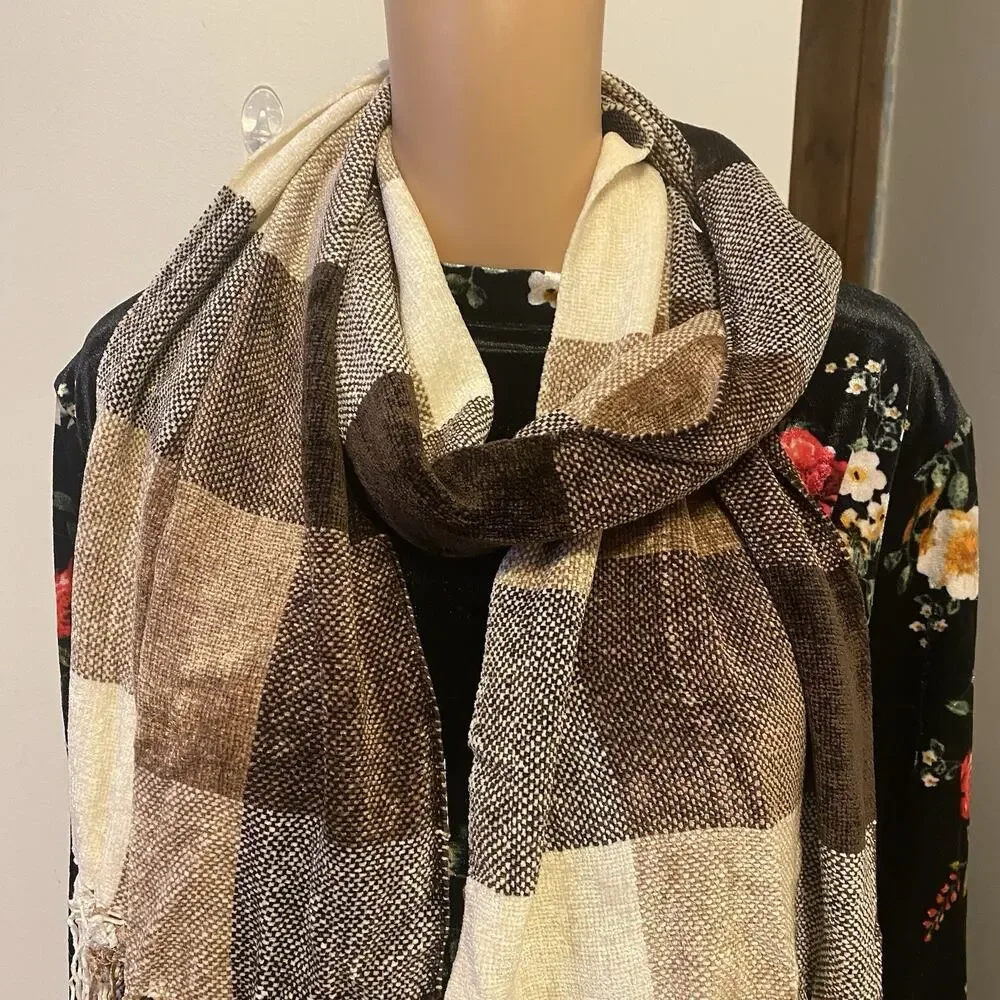 Twenty Degrees Chenille Scarf 11x68”Rectangle Multicolored Block Soft Fringe